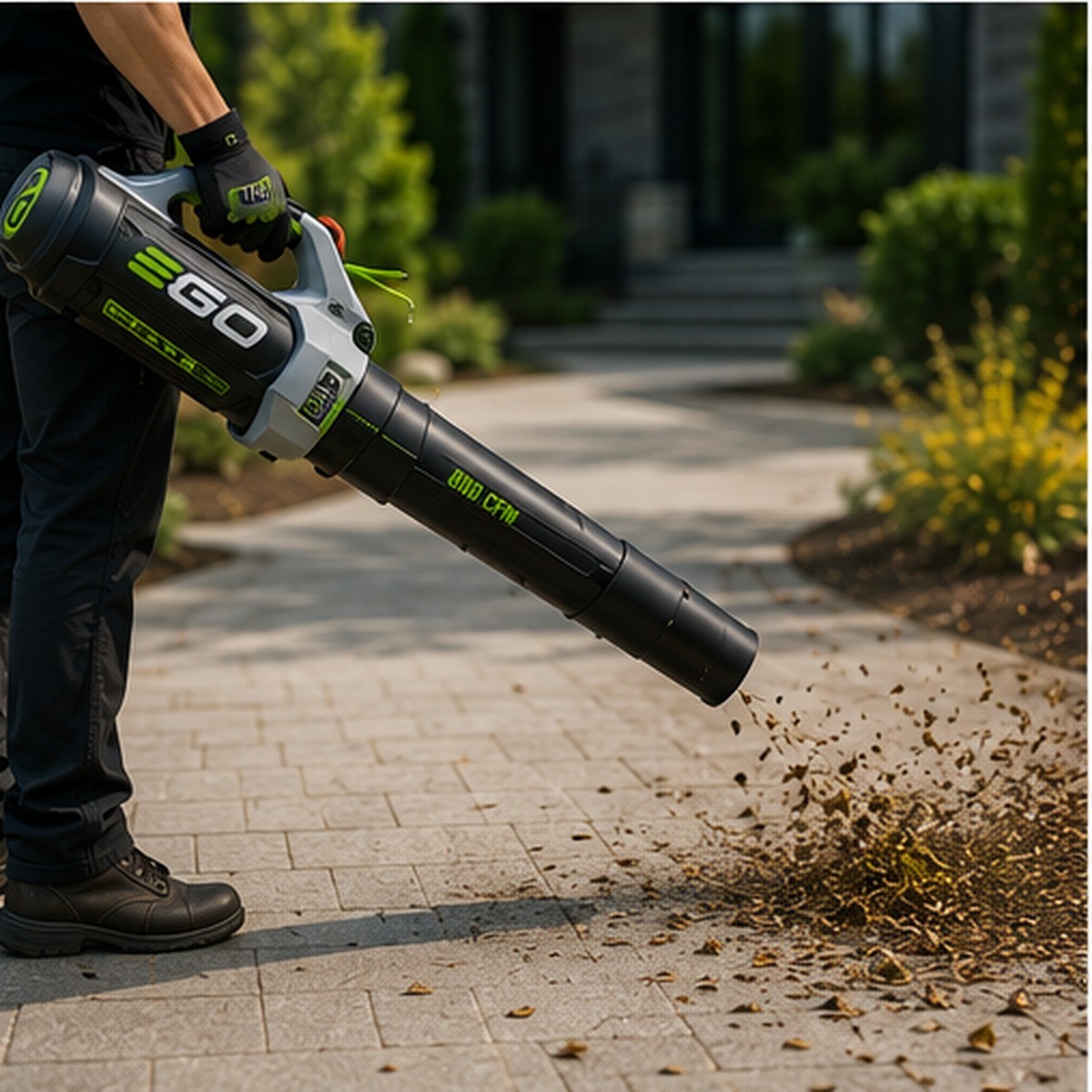 Blower cleanup on a residential walkway