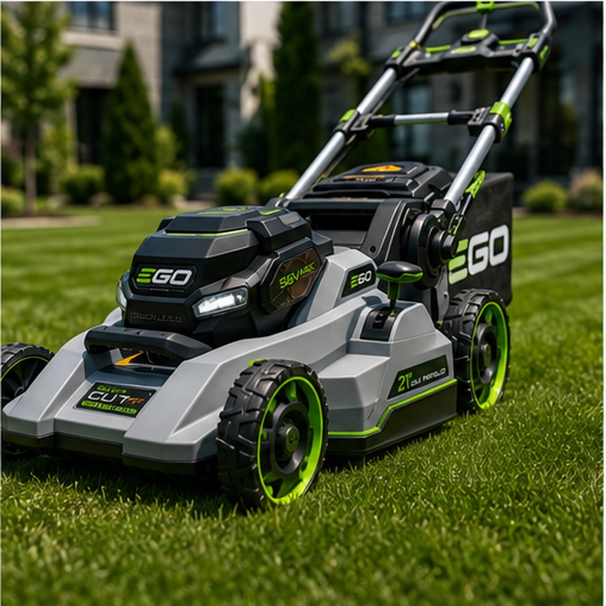Modern battery-powered mower on a green lawn