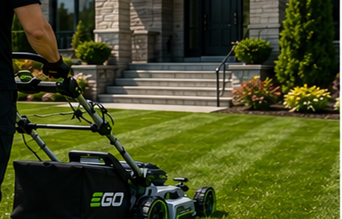 Lawn mowing at a luxury Calgary home with updated Lawn With Care identity