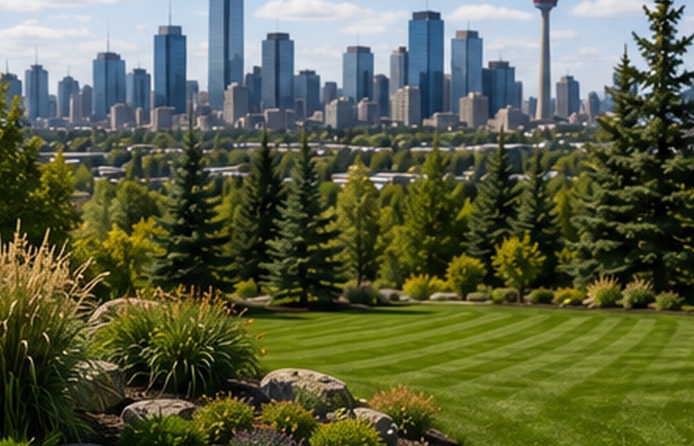 Freshly maintained lawn and Calgary skyline in a premium residential community