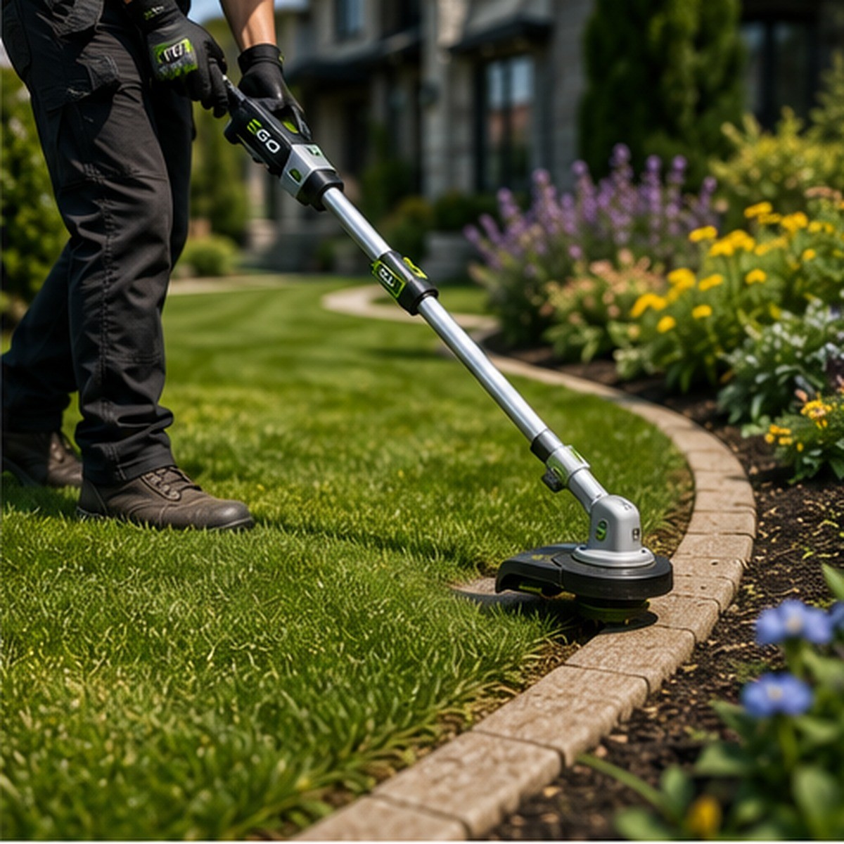 Detailed trimming around lawn edge and garden bed